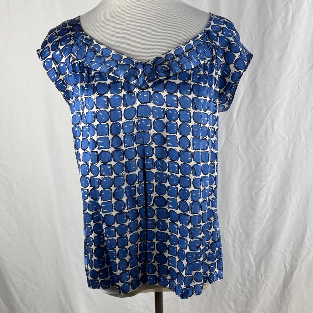 Nine West Royal Blue and White Patterned Silk Pleated Blouse